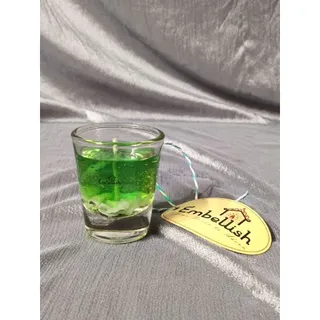 Gel wax candles in vodka glass,Size: D. 4.5 cm H 5.5 cm,Colour: Green,Fragrance: Labdanum and wild patchouli,PACK OF TWO