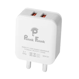 PunnkFunnk Dual Port 12W Smart USB Charger Adapter, Multi-Layer Protection, Fast Charging Power Adaptor Without Cable for All iOS & Android Devices (White) (1)