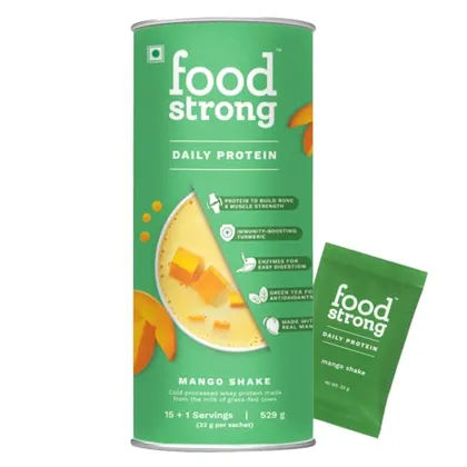 Foodstrong Whey Protein Powder, Grass-fed, 100% Whey,Daily Protein,Mango Shake With Real Mango Chunks,23.8g Protein,With Turmeric, Green Tea,Ashwagandha & Digestive Enzymes,16 sachets,More than 500g