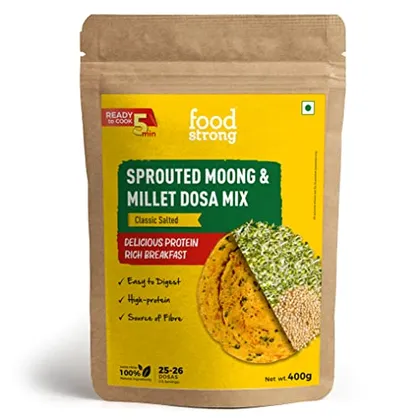 Foodstrong Sprouted Moong Instant Chilla / Dosa Mix with the Goodness of Millets, Healthy Delicious Breakfast, 59 g Protein, 14 g Fibre, Easy to Digest, 400 g, (Classic Salted)