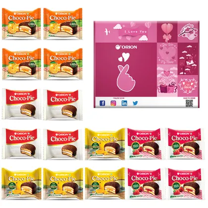Orion Choco Pie Happiness Gift Box - 4 Flavors 16 Pcs - Chocolate, Mango, Strawberry, Orange Chocopie Cookies - Soft Chocolate biscuits
