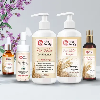 Chic Beauty  Rice Water Combo Kit for Strong Root and Long Hair (Rice Bran Hair oil 100ML + Rice Foaming Face Wash with Built-in Silicone Brush 150ml + Rice Water Shampoo 300ml + Rice Water Conditioner 300ml + Hair Growth Serum 30ML)
