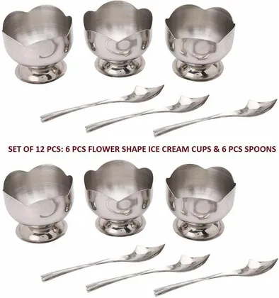 DONDA CREATION Flower Shape Ice Cream Bowl for Ice Cream Cup Salad Fruit Pudding Cup Bowl Stainless Steel Cut Design Ice Cream Spoon Dessert Spoon Stainless Steel