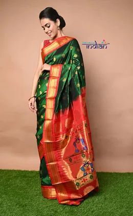 Pure Silk Handloom Maharani Paithani - Deep Green Saree with Red Border