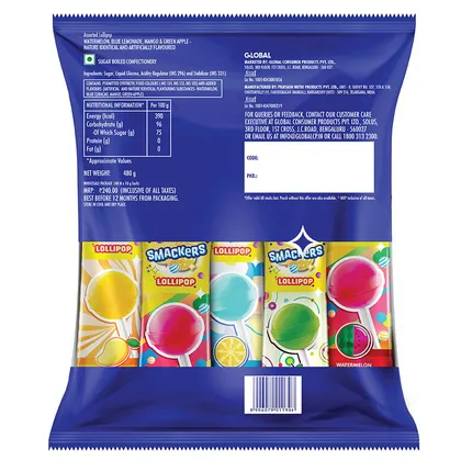 LuvIt Smackers Fruit Flavoured Lollipops | 4 exciting Flavours for Kids | Mango | Watermelon | Green Apple | Blue Lemonade Mango, Blue Lemonade, Green Apple, Watermelon Lollipop (6 x 480 g)