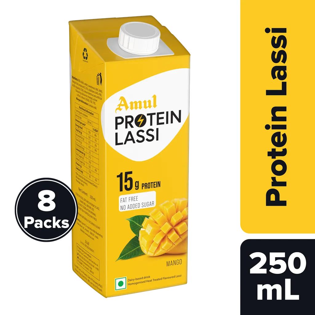 Amul High Protein Mango Lassi, 250 mL | Pack of 8