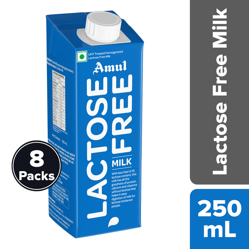 Amul Lactose Free Milk, 250 mL | Pack of 8