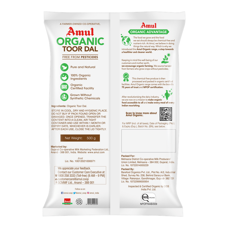 Amul Organic Toor Dal, 500 g | Pack of 3