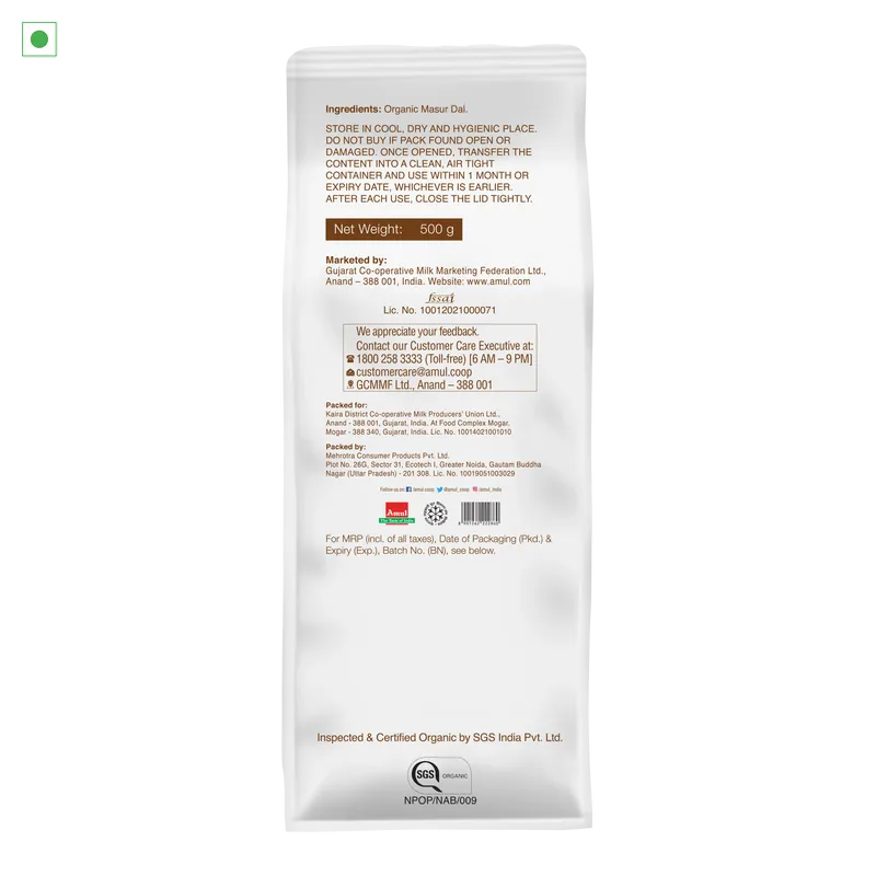 Amul Organic Combo Pack, 5.5 kg | Toor Dal, 2.5 kg | Chana Dal, 1.5 kg | Masoor Dal, 1 kg | Besan, 500g
