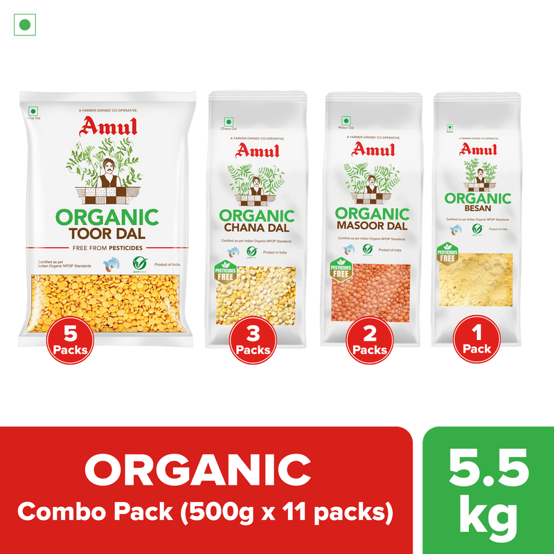 Amul Organic Combo Pack, 5.5 kg | Toor Dal, 2.5 kg | Chana Dal, 1.5 kg | Masoor Dal, 1 kg | Besan, 500 g