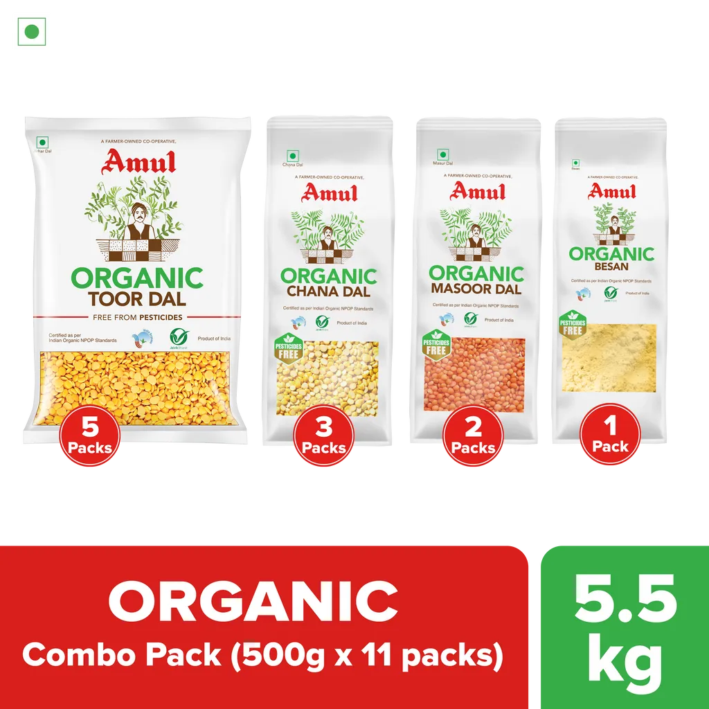 Amul Organic Combo Pack, 5.5 kg | Toor Dal, 2.5 kg | Chana Dal, 1.5 kg | Masoor Dal, 1 kg | Besan, 500g