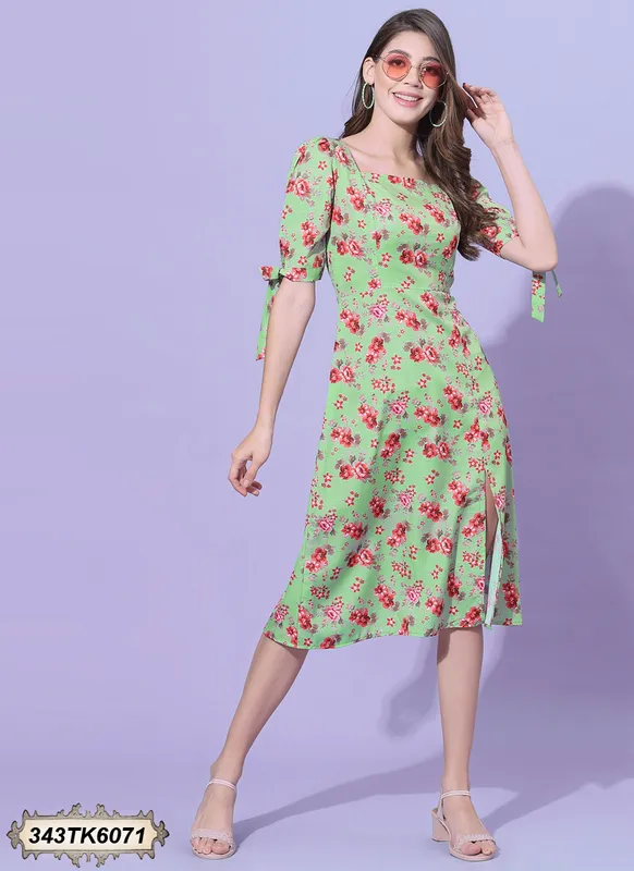 GREEN PRINTED CREPE DRESS