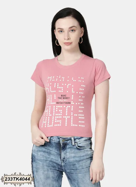 PINK COLORED LYCRA PRINTED T-SHIRT