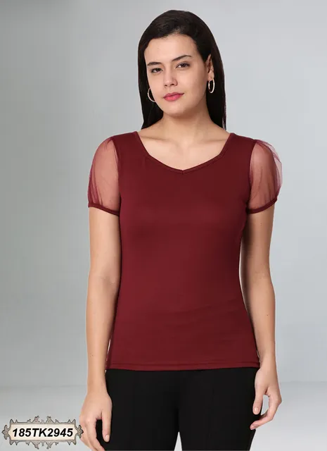MAROON COLOURED KNITTED LYCRA TOP