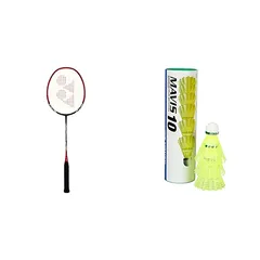 YONEX Nanoray 6000I G4-U Aluminum Badminton Racquet with Full Cover (Red) & Yonex Mavis 10 Nylon Shuttlecock, Yellow, Pack of 6 | Made in Japan (Green Cap) Red Green Ca