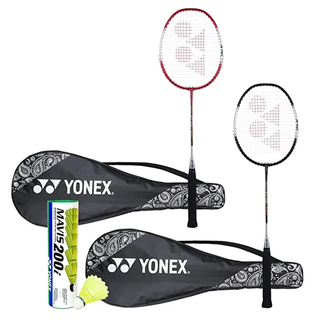 YONEX Aluminum ZR 100 Light Badminton Racquet Combo Set of 2 with Full Cover Black/Red + Mavis 200I Shuttlecock Pack of 6