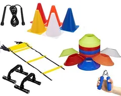 COUGAR Cone Marker, Cone Marker Set, 20 Space Markers, 6 Inch Cones Pack 10 and 8 Meter Ladder with Pushup Stand Gripper & Skipping Rope Agility Combos