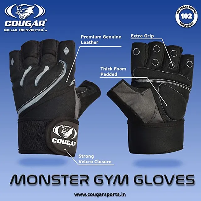 Cougar Monster Foam Padded Leather Gym Gloves, Suitable for Weight Lifting, Cycling, Exercise, Fitness, Gym Training and General Workouts for Men/Women (Extra Large)