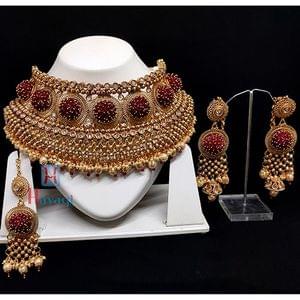Red Crystal Heavy Look Bridal Choker Necklace Set