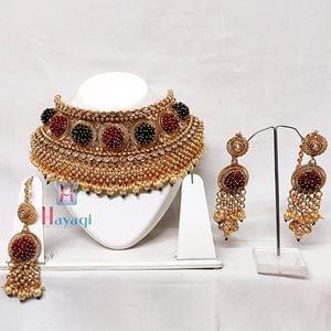 Latest Bridal Choker Necklace Set Red Green Crystals
