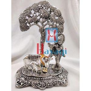 Krishna and Cow Statue In Silver Polish Gift Item Online