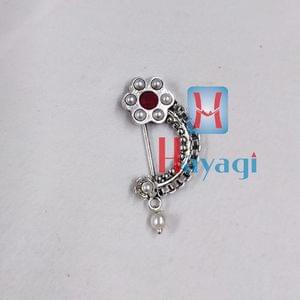 Oxidized Nath(Press) Flower Design Pearl,Maroon Stone_Hayagi(Pune)