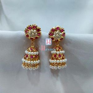 Two Layer Long Pearl Jhumki Earrings  With Pink Stone-Hayagi (Pune)
