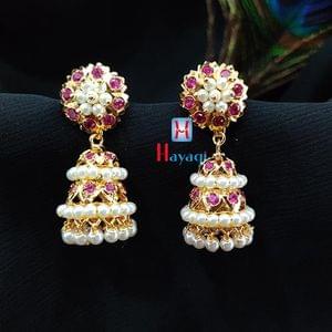 Two Layer Long Pearl Jhumki Earrings  With Pink Stone-Hayagi (Pune)