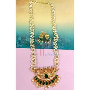 Pearl Pendant Set AD Pink Green White Stoned