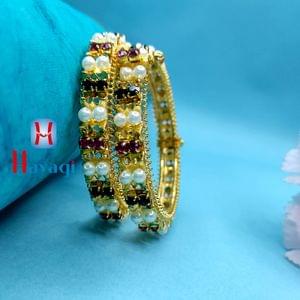 Pearl Bangles- Green Pink Stone Pearl Bangles