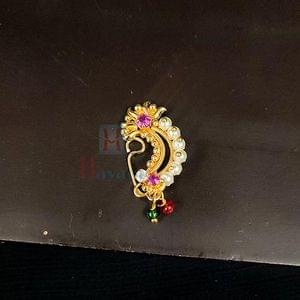 Designer Golden Nath Pearl Decorated Pink Stone Studded