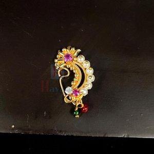 Designer Golden Nath Pearl Decorated Pink Stone Studded