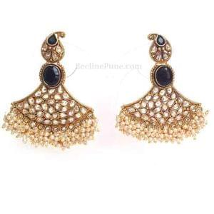 Ethnic Antique Polish Stone AD Faux pearl Earrings Black