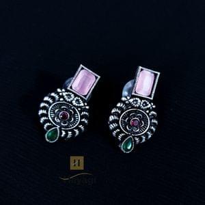 Oxidised Silver Earrings Pink Stone Studded