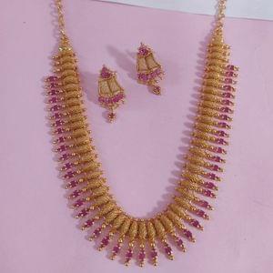 Golden Short Necklace Wedding Wear Pink Stoned