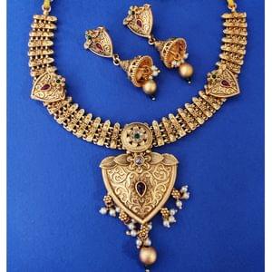 Rajwadi Short Necklace- V Shape Pendant Designer Necklace Set