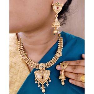 Rajwadi Short Necklace- V Shape Pendant Designer Necklace Set