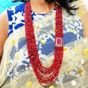 Red Beads Broad Mala Multilayered With Side Pendant