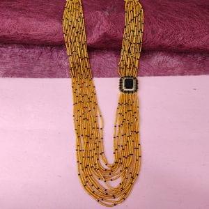Golden Beads Broad Mala Multilayered With Side Pendant