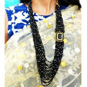 Black Beads Broad Mala Multilayered With Side Pendant