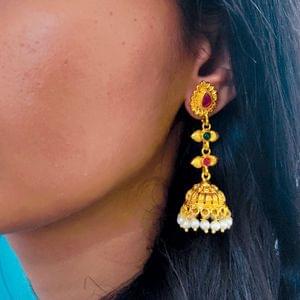 Golden Long Hanging Jhumki Pearls Decorated