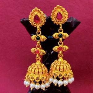 Golden Long Hanging Jhumki Pearls Decorated