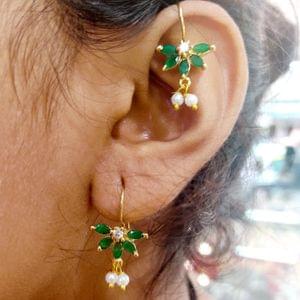 Half Floral Design Green Ad Stone Studded Bugadi Earrings