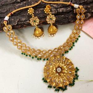 Antique Golden Short Necklace With Broad Pendant