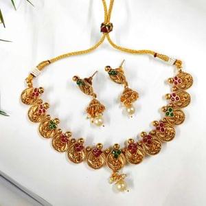 High Gold Toned Short Necklace Set With Multi CLR Stone