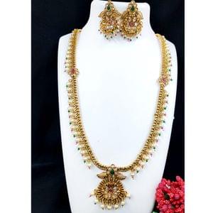 Long Necklace Set Golden Pearl Stone With Flower Pendant
