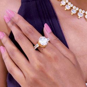 White Stone Studded Finger Ring Designer Gold Finish