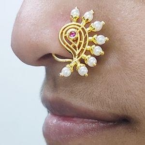 Bridal Nath- Pearl Stimulated Nath In Golden Finish