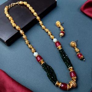 Golden Beads Mala With Green Crystals
