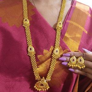 Golden Long Thushi Peacock Pendant Maharashtrian Jewellery